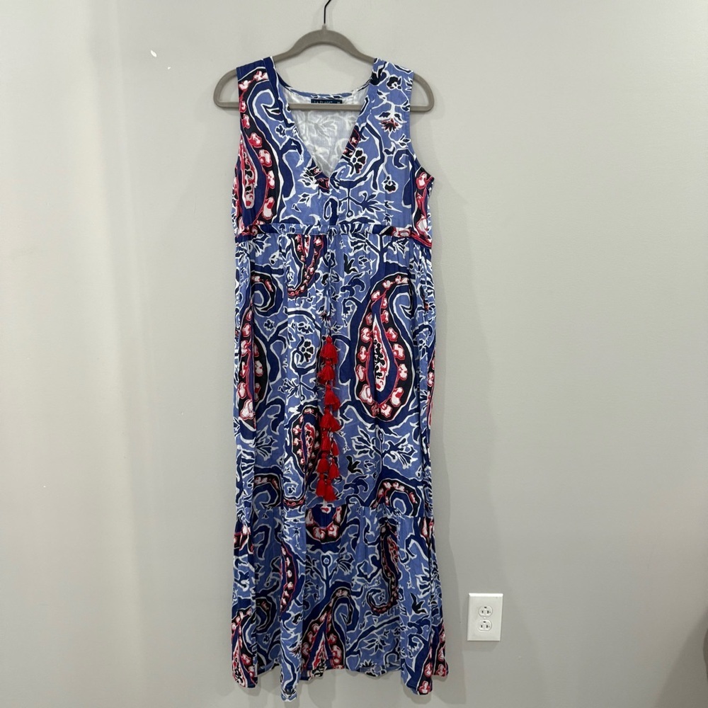 Tuckernuck La Plage Dress Maxi Sleeveless Tassel in Blue Red Print - Picture 2 of 5